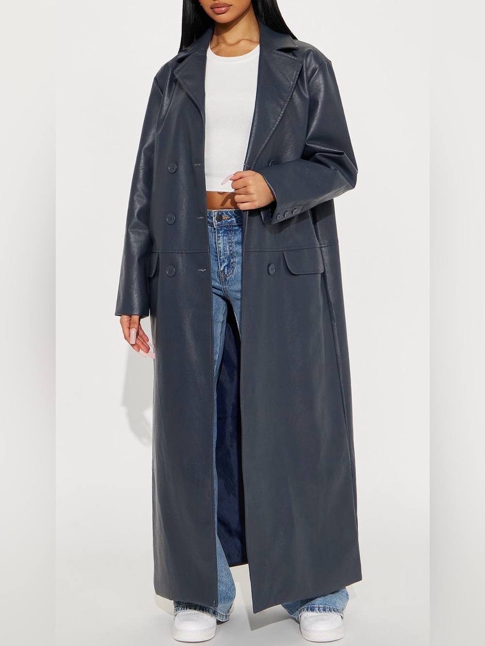 NWT Faux Leather Trench Coat - Navy